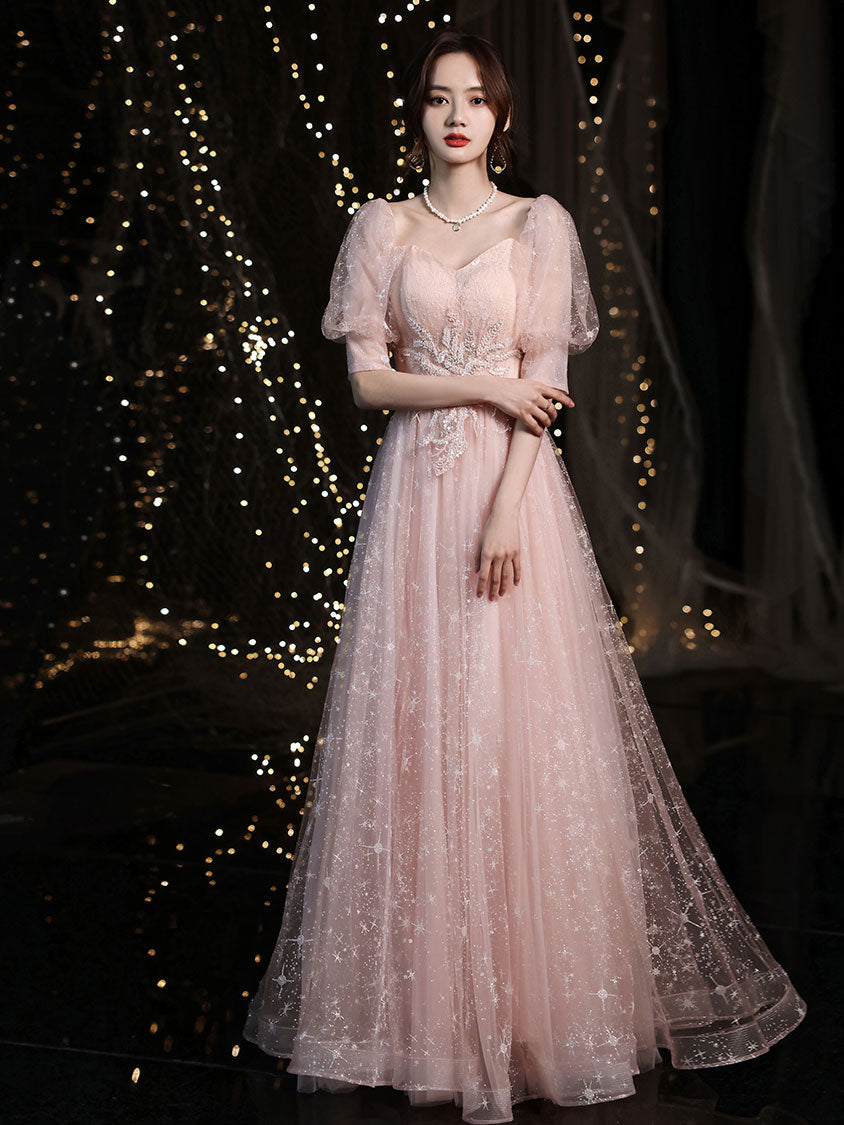 Pink tulle lace long prom dress, pink tulle evening dress