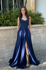 Jimiss navy blue satin A-line suspender with slit long dress