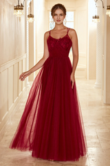 Wine red A Line thin shoulder lace chiffon wedding party dress