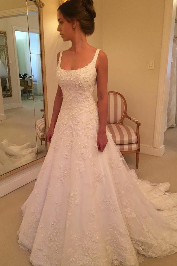 A-line Scoop Sweep Sleeveless Train Wedding Dress with Appliques