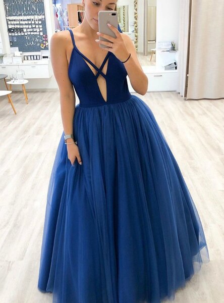 Tulle Sleeveless Sexy Deep V-neck A-Line Blue Prom Dress