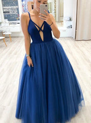 Tulle Sleeveless Sexy Deep V-neck A-Line Blue Prom Dress