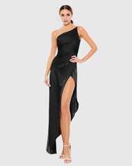 One shoulder neckline sleeveless satin asymmetrical skirt floor length evening dress