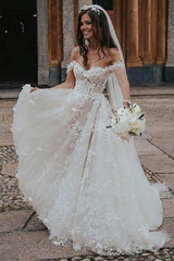 A-line Off the Shoulder Lace Tulle Ball Gown Wedding Dresses with Appliques