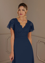 A-Line V-Neck Lace Chiffon Dark Navy Mother of the Bride Dresses