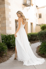 Beach Spaghetti Straps Lace Split Chiffon Long Wedding Dresses