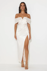 Jimiss off shoulder collar satin side slit long Prom dress