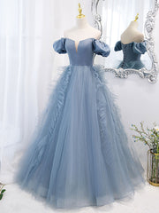 Blue tulle off shoulder long prom dress, blue tulle formal dress