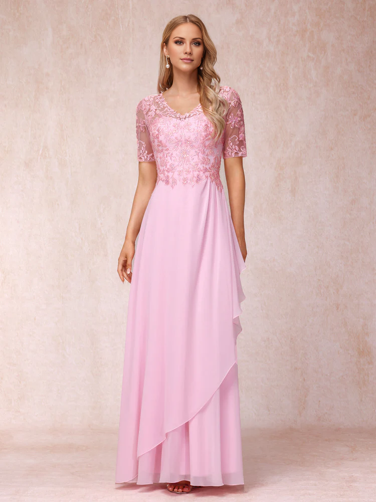 A-line/Princess V-neck short sleeved long formal mother of the bride dress