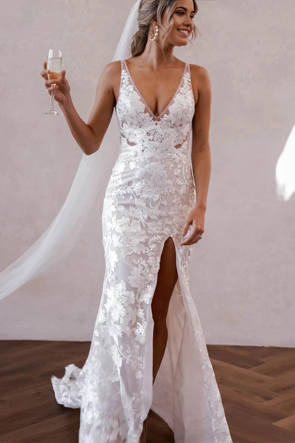 Boho Mermaid V Neck Elegant Lace formal dresses Wedding Dresses with Slit