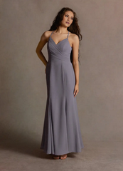 A-line hanging neck collar shoulder exposed chiffon long style evening dress