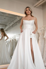 A-Line Simple Scoop Neck Satin Wedding Dresses with Slit