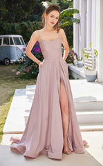 A-line low round neck satin fitted body and floor length evening dress