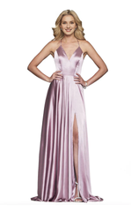 Deep V-neck sleeveless fitted side slit and floor length evening dress