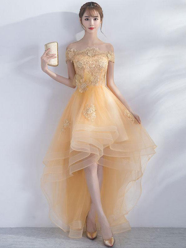 Champagne tulle lace short prom dress, champagne evening dress