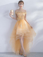 Champagne tulle lace short prom dress, champagne evening dress
