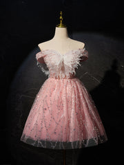 Pink A-Line Tulle Lace Short Prom Dress, Pink Cocktail Dress