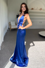 Jimiss mermaid low V-neck backless sleeveless pleated backless floor length ball gown formal evening gown