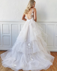 A-line V Neck White Backless Lace Floral Prom Dresses Evening Gowns Wedding Dresses