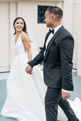 A-line Simple Elegant V Neck Ivory Satin Wedding Dresses