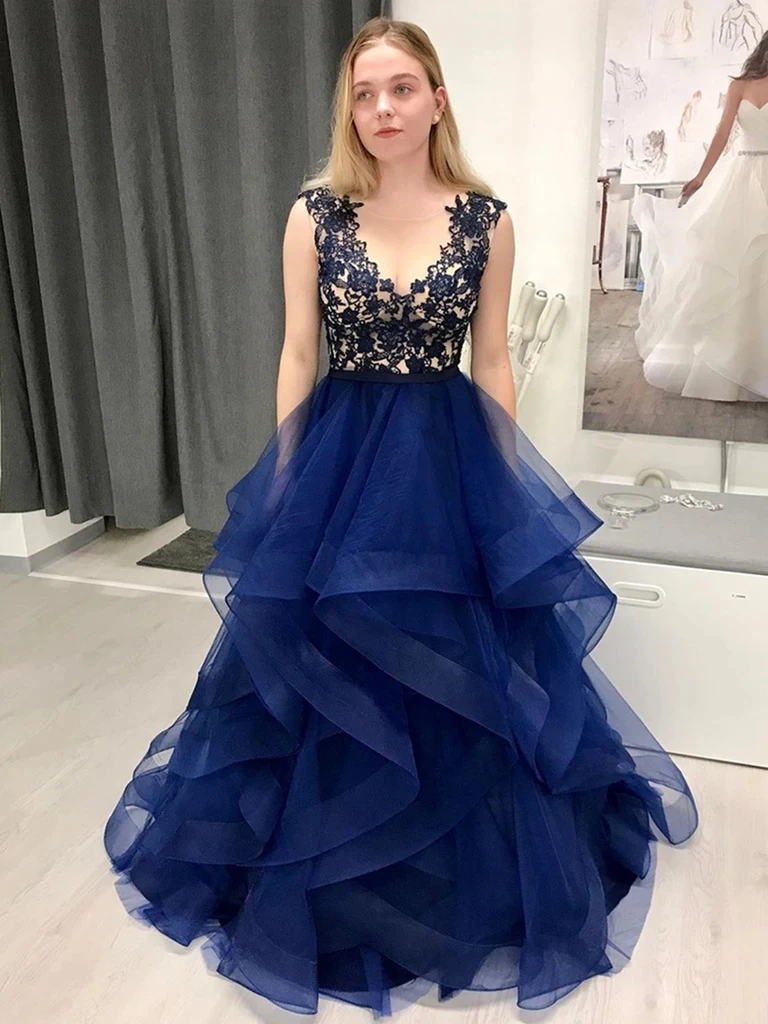 Dark Navy Blue Lace Appliques Round Neck Long Prom Dress