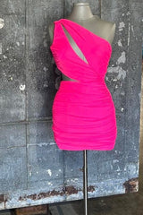 Pink One-Shoulder Keyhole Ruching Short Party Dress