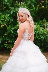A-line V Neck Cute White Tulle Long Ball Gown formal dress evening gowns Prom Dresses Wedding Dresses with Appliques