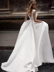 A-line Vintage Princess Ivory Satin Long Wedding Dresses with Pockets