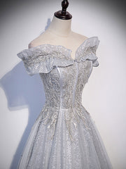 Gray tulle lace sequin long prom dress, gray tulle formal dress