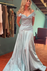 Jimiss Retro Style A-line Off Shoulder Grey Blue Ruffle Long Prom Dress