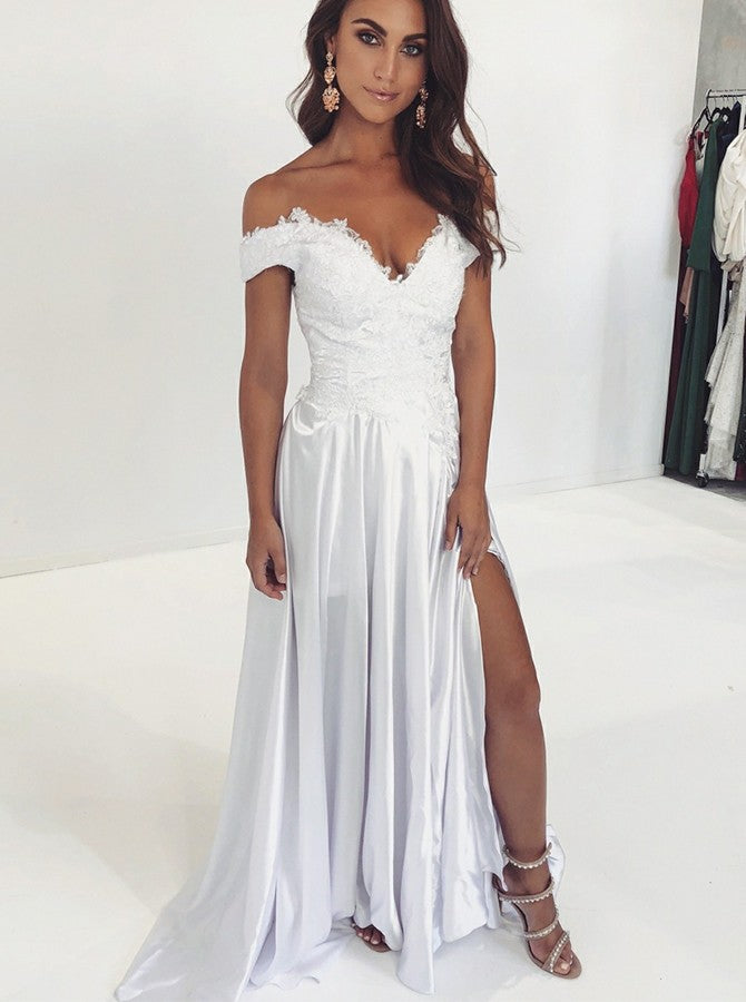 A-Line Off Shoulder Split White Appliques Prom Evening Party Dress
