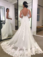 Mermaid Beach Spaghetti Strap Printed Backless Lace Wedding Dresses