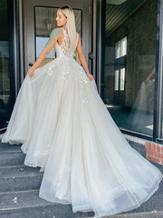 A-line V Neck Ivory Lace Floral Long Formal Evening Dresses Prom Dresses with Train Wedding Dresses