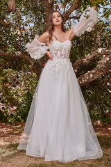 3D floral decal long gray white strapless wedding dress