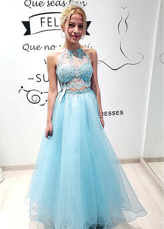 Beading Tulle Halter Neckline Two Piece A-line Prom Dress