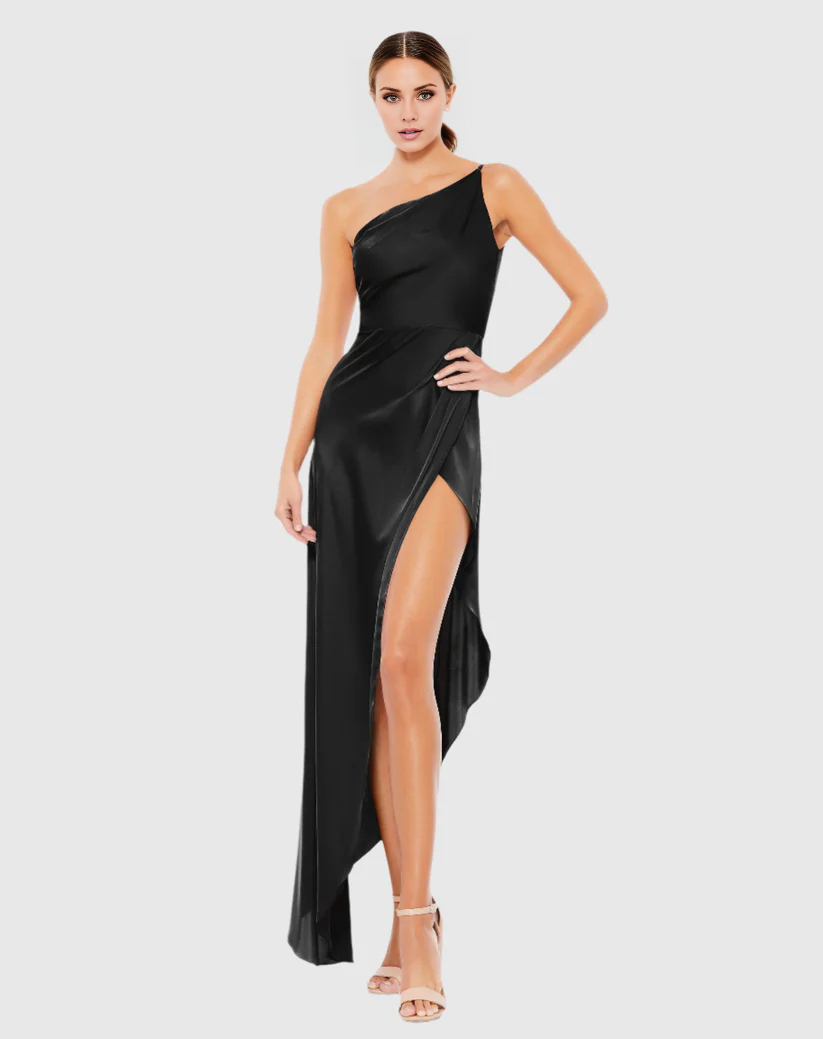 One shoulder neckline sleeveless satin asymmetrical skirt floor length evening dress