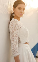Two Piece Floor-length 3/4 Length Sleeve Lace Jewel Wedding Dress with Ruching