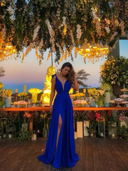 A-Line Princess Blue V-neck Ruffles Satin Prom Dress