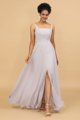 Grey tight square neck long chiffon bridesmaid dress