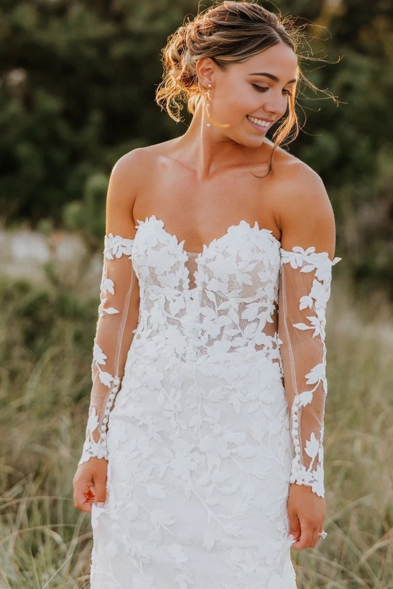 Mermaid Appliques Sweetheart Tulle Wedding Dresses with Sleeves