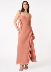 Jimiss slim shoulder chiffon asymmetrical ruffle edge side slit and floor length Prom dress