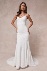 White Lace V-Neck Trumpet Hem Maxi Dress Chapel Train Wedding Dress