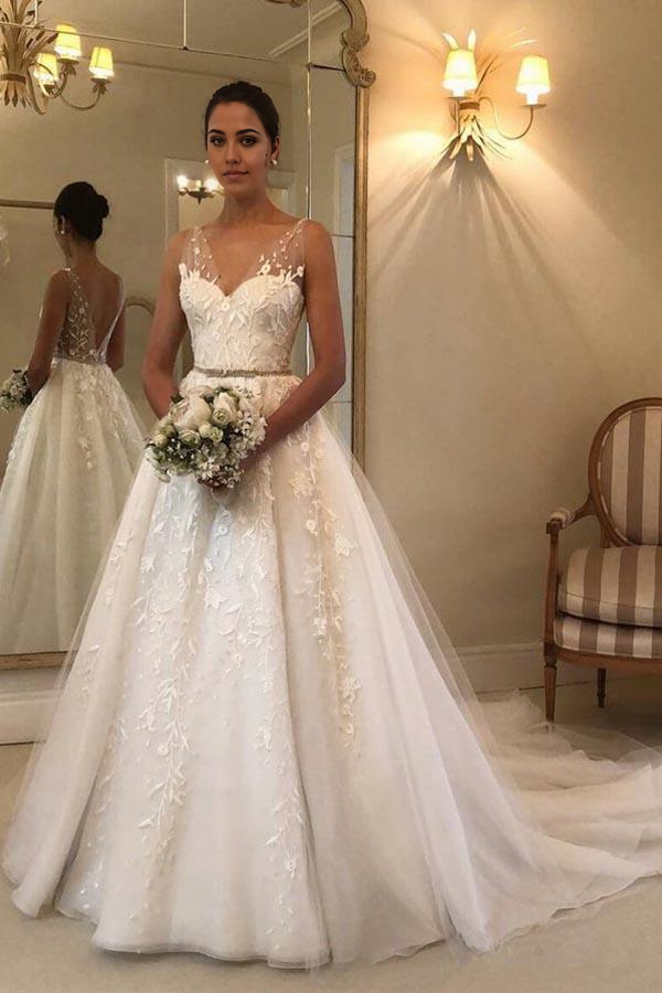 A-Line V Neck Lace Backless Rustic Wedding Dress