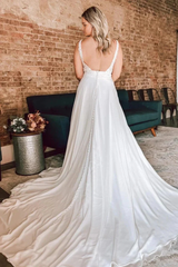 A Line Floral Lace Open Back Ivory Long Wedding Dresses