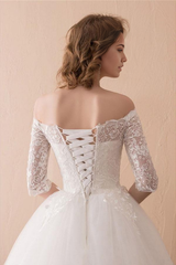 A-line Off The Shoulder Lace Ball Gown Wedding Dress With 1/2 Sleeves