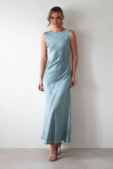 Ship neck backless shoulder strap satin long Prom dress - Jimiss Dress
