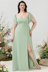 Green A-line shoulder length plus plus size ruffled polyester bridesmaid dress