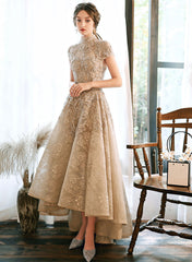 Champagne Lace High Low Short Sleeves Prom Dress, High Low Homecoming Dress