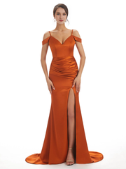 Sexy off shoulder soft satin side slit long fish tail bridesmaid dress