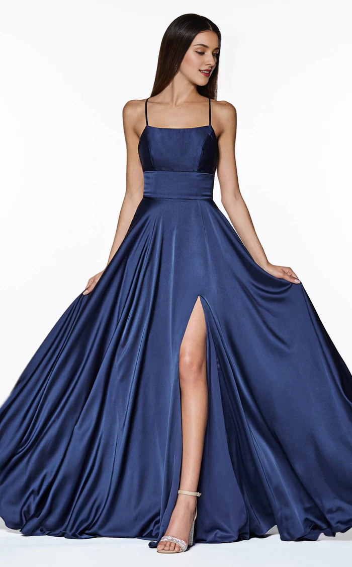 A-line square neckline sleeveless tight corset with side slits and floor length gowns evening dresses